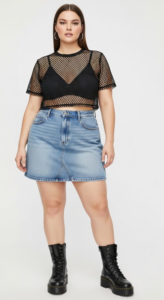 12 Plus Size Edgy Summer Outfits for Curvy Women You’ll Love 4 Mesh Top & Denim Skirt Playful with a Hint of Edge