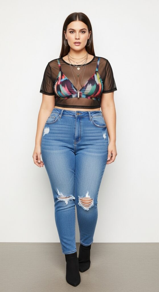 10 Fierce Plus-Size Summer Baddie Outfits for a Bold Curvy Look 5 Mesh Top and High-Waisted Jeans