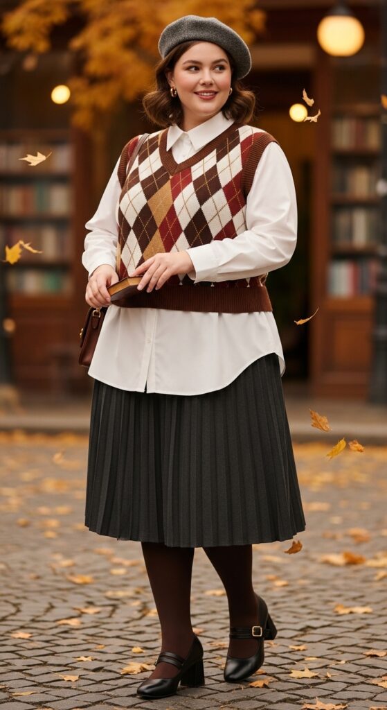 15 Plus Size Fall Aesthetic Outfits That Celebrate Your Curves & Creativity 4 Midi Skirt & Argyle Vest
