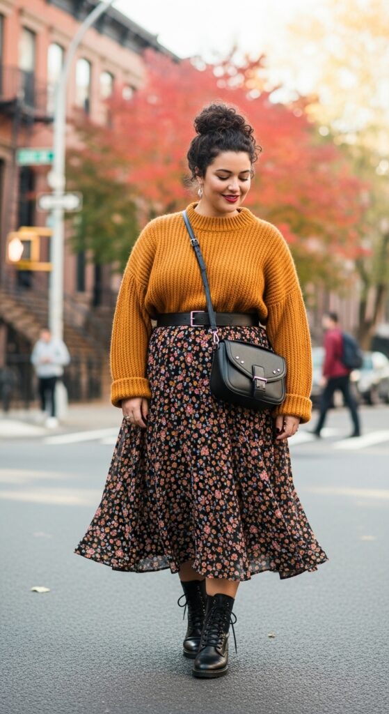 15 Plus Size New York Fall Outfits Curvy Women Will Love 12 Midi Skirt & Combat Boots