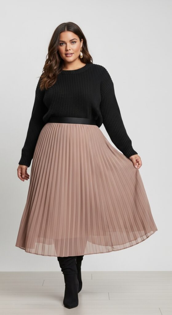 14 Chic and Cozy Plus Size Fall and Winter Outfits Every Curvy Woman Will Love 8 Midi Skirt and Fitted Sweater