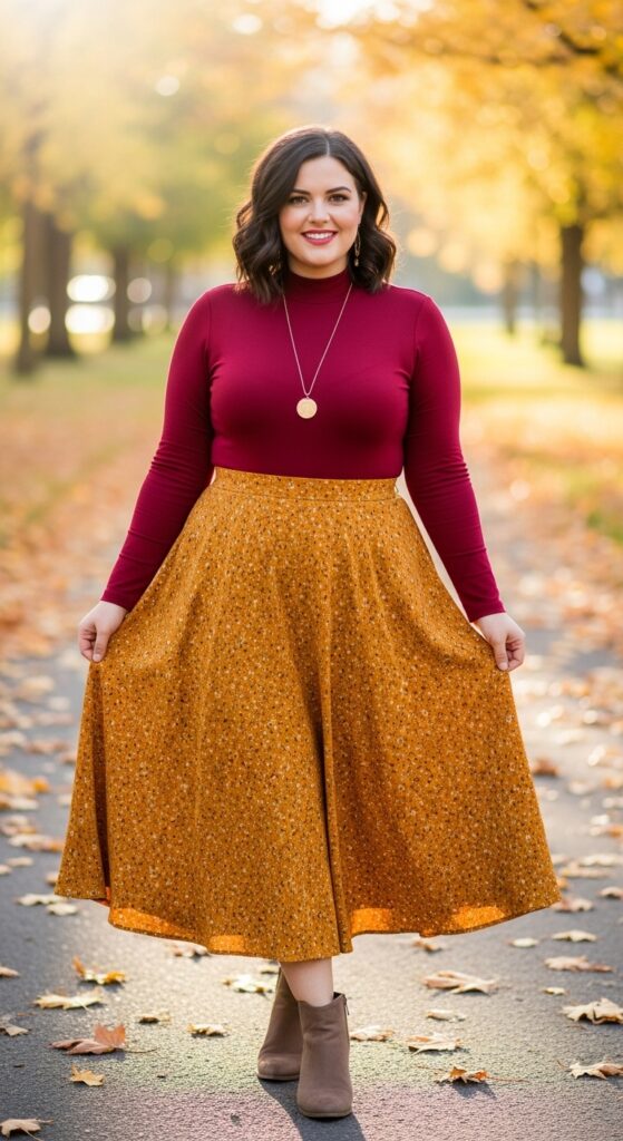 12 Plus Size Classy Fall Outfits for Effortless Elegance 8 Mock Neck & Midi Skirt