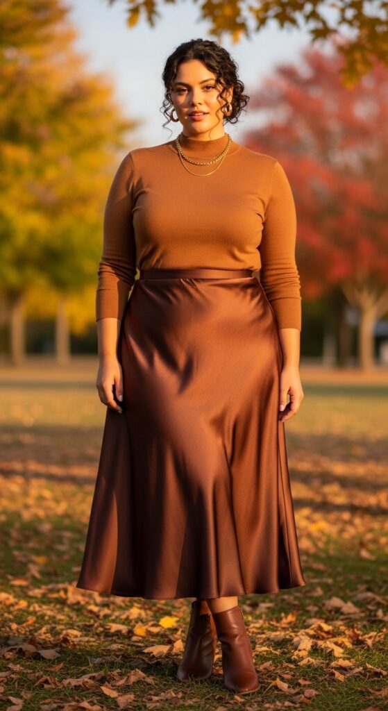 12 Plus Size Fall Photo Outfits That Make Your Curves Shine 11 Mock Neck + Satin Skirt