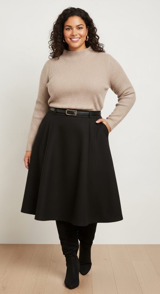 12 Plus Size Fall Professional Outfits Curvy Women Love 26 Mock Neck Sweater and A-Line Skirt