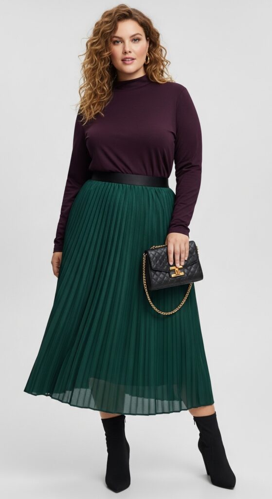 15 Chic and Casual Plus Size Fall Outfits Every Curvy Woman Will Love 13 Mock Neck Top and Midi Skirt