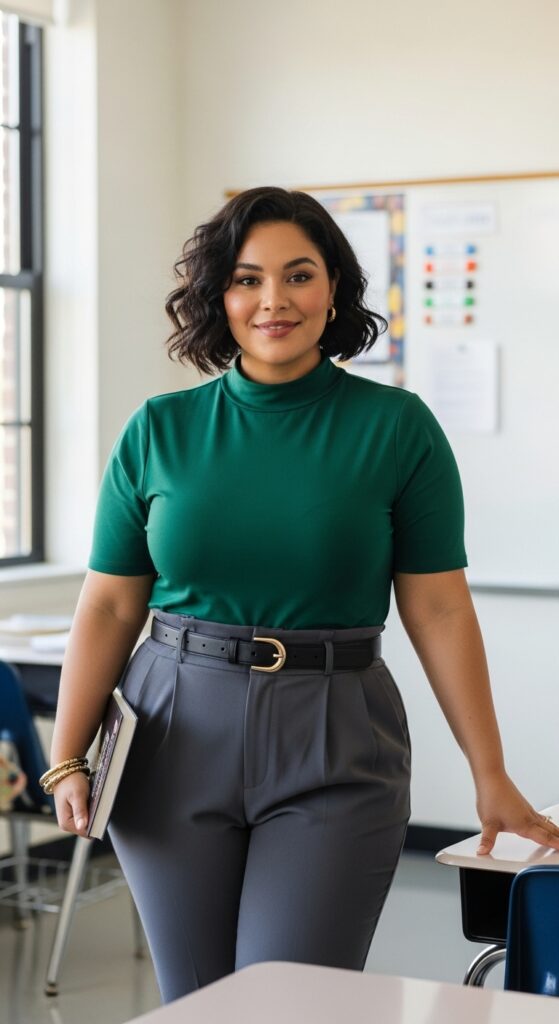 14 Plus Size Fall Teacher Outfits for the Stylish & Savvy Educator 11 Mock Neck & Trousers