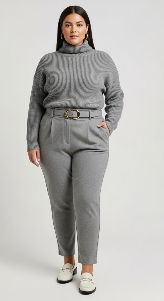 12 Plus Size Basic Fall Outfits That Curvy Women Love 14 Monochromatic Look with a Sweater and Pants