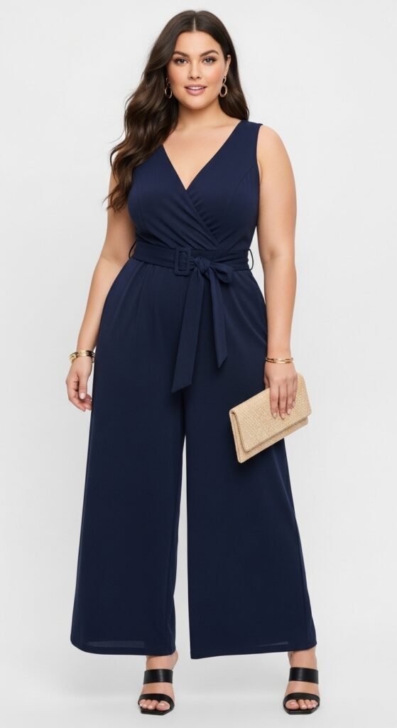 10 Cute Plus-Size Summer Outfits Curvy Women Will Love 6 Navy Belted Jumpsuit