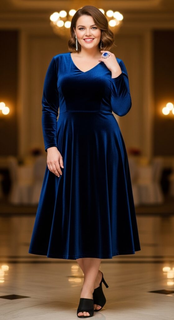 Navy Blue Velvet Midi Dress