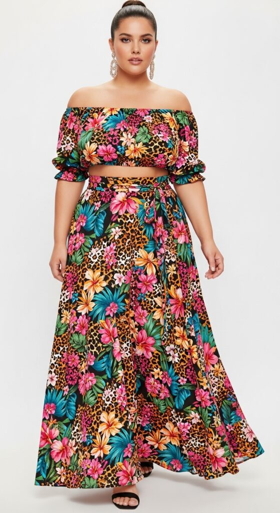 10 Fierce Plus-Size Summer Baddie Outfits for a Bold Curvy Look 8 Off-Shoulder Crop Top and Maxi Skirt