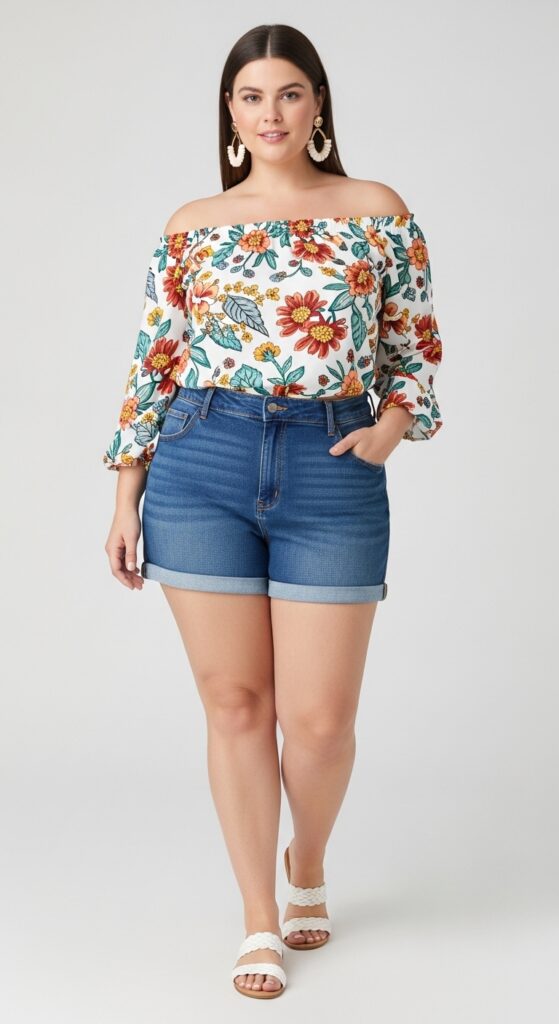15 Stunning Plus Size Summer Party Outfits for Curvy Women You’ll Love 8 Off-Shoulder Top & High-Waisted Shorts Flirty and Playful