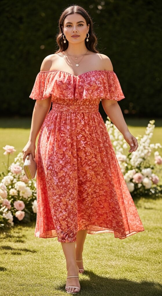 14 Stunning Plus Size Summer Wedding Guest Dress Ideas for Curvy Women 5 Off-the-Shoulder Midi Dress