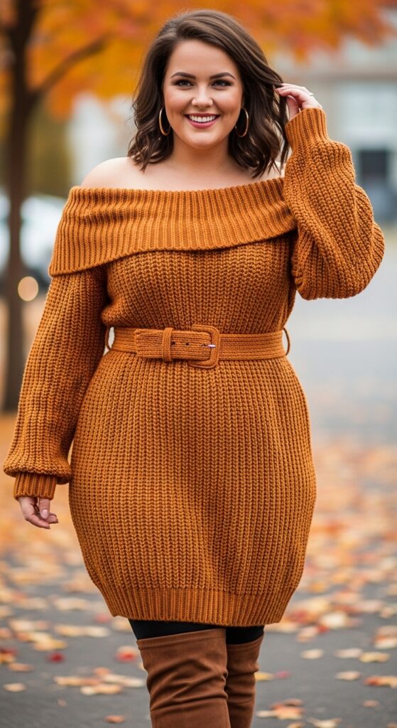 14 Plus Size Fall Birthday Outfits to Make You Feel Absolutely Radiant 10 Off-the-Shoulder Sweater Dress