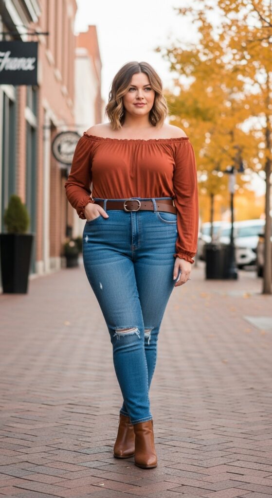 14 Plus Size Fall Nashville Outfits for an Unforgettable Trip 8 Off-the-Shoulder Top & Denim