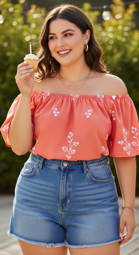 15 Stylish Plus Size Summer Birthday Outfits Curvy Women Will Love 4 Off-the-Shoulder Top and High-Waisted Shorts