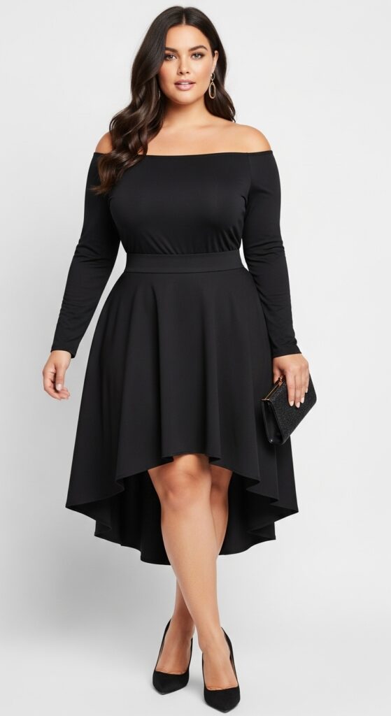 14 Plus Size Fall Club Outfits That Curvy Women Love 3 Off-the-Shoulder Top and High-Waisted Skirt