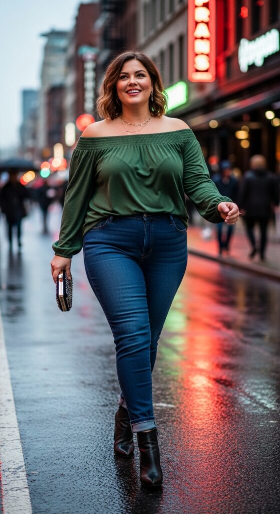 14 Plus Size Fall Going Out Outfits Curvy Women Will Love 17 Off-the-Shouldler Top & Skinny Jeans