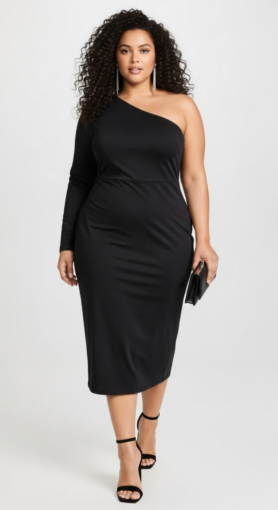 14 Plus Size Fall Club Outfits That Curvy Women Love 11 One-Shoulder Dress and Block Heels
