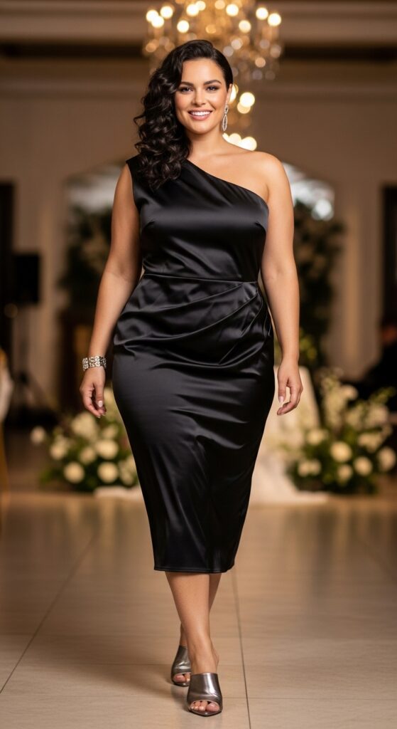 One-Shoulder Satin Midi Dress