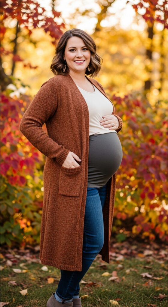 15 Plus Size Fall Maternity Outfits Curvy Women Will Love 8 Open-Front Cardigan & Maternity Tee