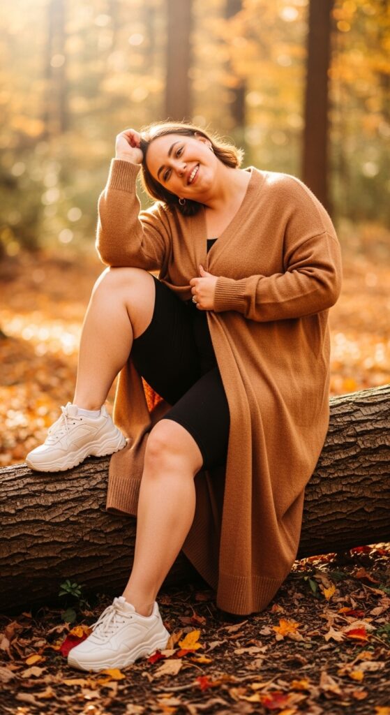 12 Plus Size Fall Photo Outfits That Make Your Curves Shine 12 Oversized Cardigan + Bike Shorts