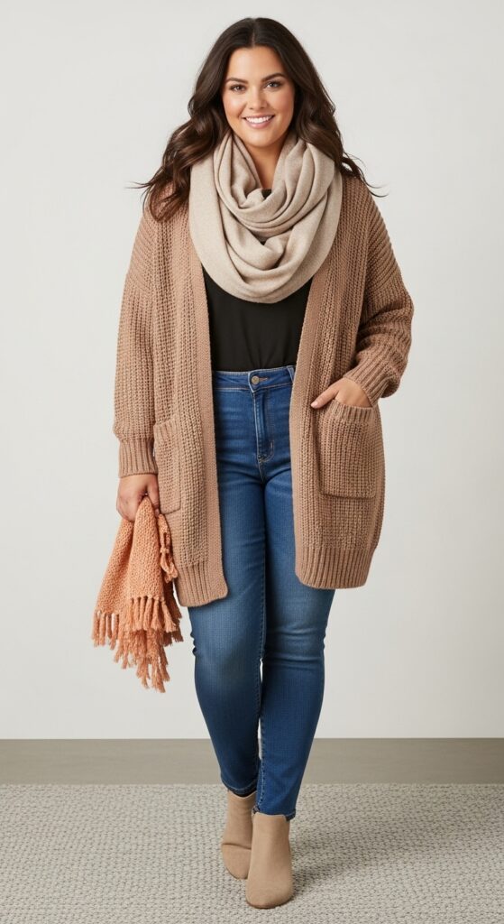 12 Plus Size Basic Fall Outfits That Curvy Women Love 7 Oversized Cardigan and Fitted Jeans