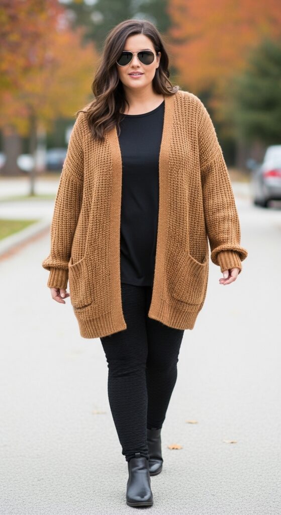 15 Chic Plus Size Fall Fashion Outfits Every Curvy Woman Will Love 4 Oversized Cardigan and Leggings