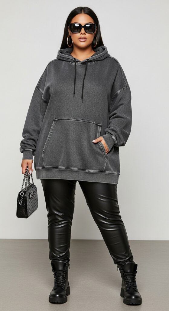 12 Plus Size Edgy Summer Outfits for Curvy Women You’ll Love 8 Oversized Hoodie & Leather Pants Street Style Chic
