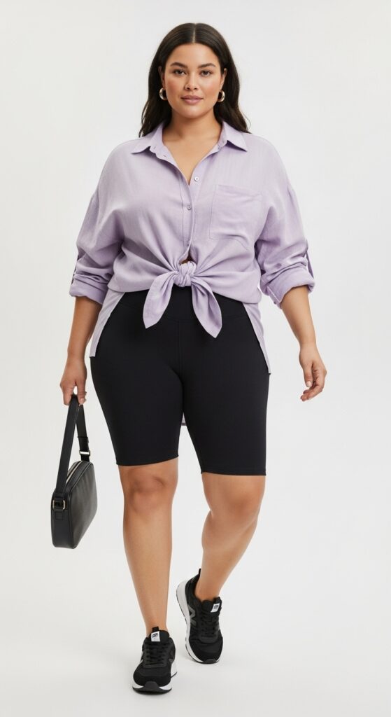12 Plus Size Comfy Summer Outfits for Curvy Women 7 Oversized Shirt and Bike Shorts