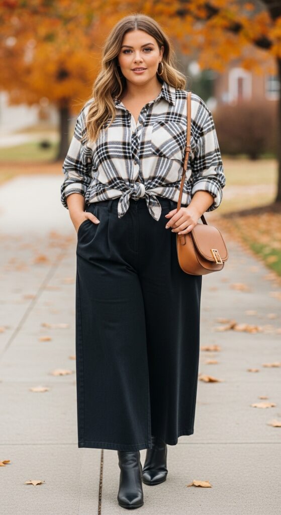 10 Stunning Plus Size Fall Outfits for Curvy Women with Big Stomach 3 Oversized Shirt and High-Waisted Pants