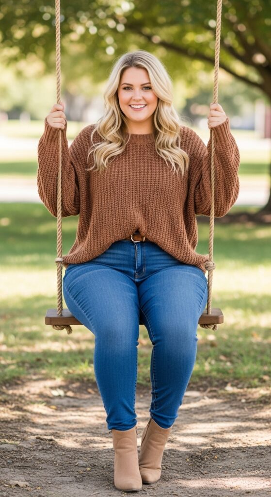 15 Plus Size Fall Mom Outfits Curvy Mothers Will Love 7 Oversized Sweater & Skinny Jeans