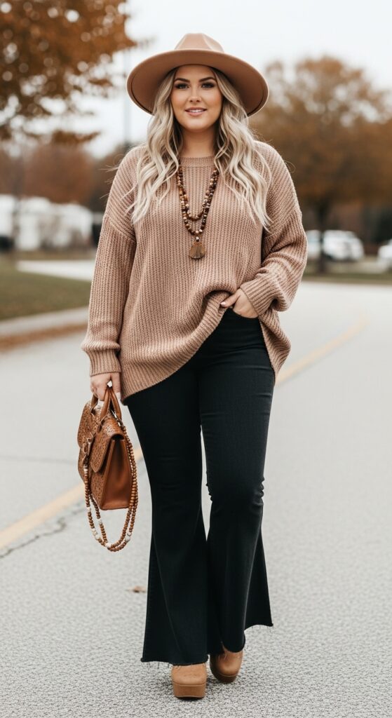 14 Plus Size Fall Boho Outfits That Curvy Women Love 8 Oversized Sweater and Flared Pants