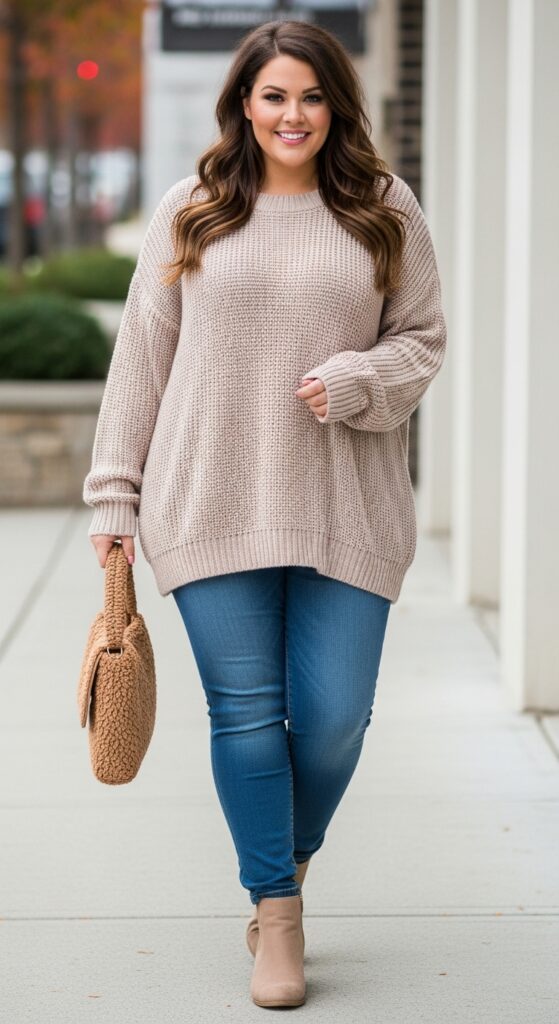 14 Chic and Cozy Plus Size Fall and Winter Outfits Every Curvy Woman Will Love 3 Oversized Sweater and Skinny Jeans