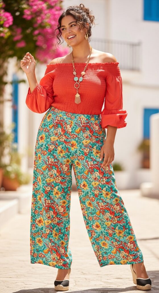 Palazzo Pants and Off-Shoulder Top with Sleeves