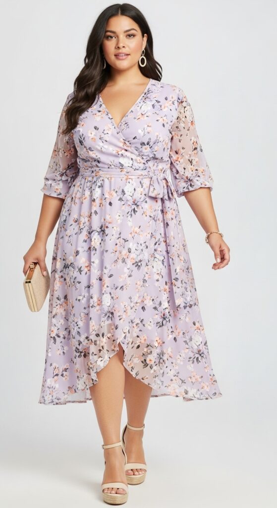 10 Gorgeous Plus Size Floral Wedding Guest Dresses for Curvy Women 3 Pastel Floral Wrap Dress