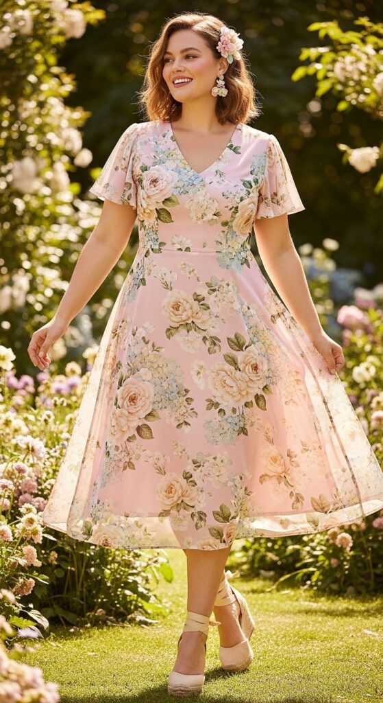 10 Gorgeous Plus Size Pink Wedding Guest Dresses for Curvy Women 7 Pastel Pink Floral Dress