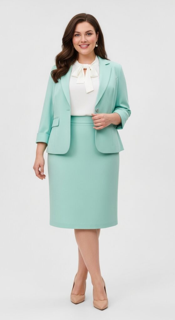 10 Chic Plus-Size Summer Work Outfits for Curvy Women 12 Pastel Skirt Suit