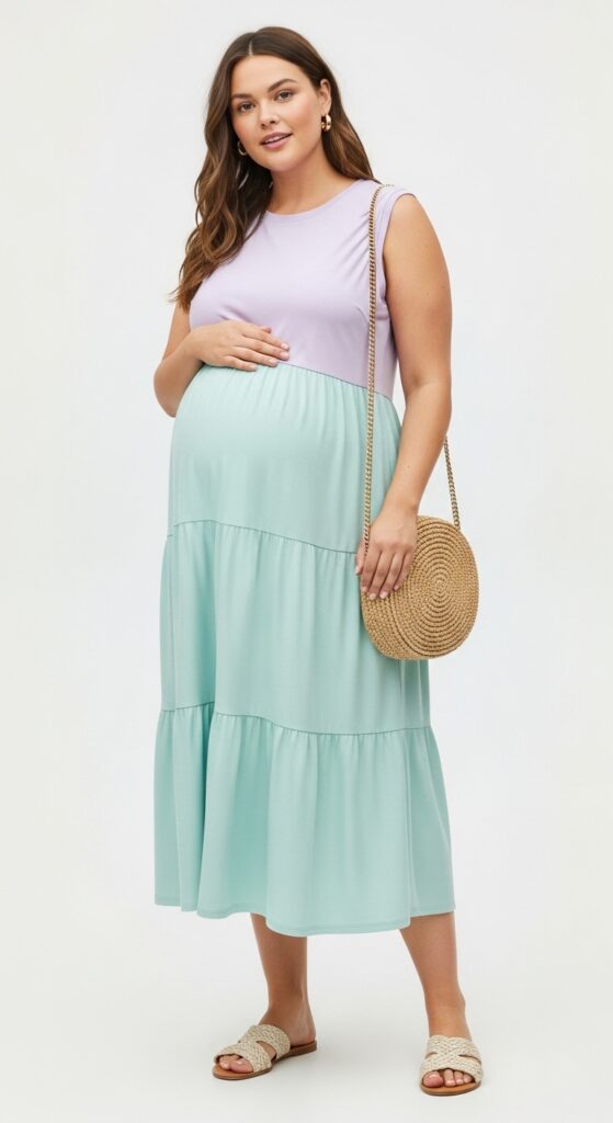 15 Stunning Plus Size Summer Pregnancy Outfits Every Curvy Mom-to-Be Will Love 11 Pastel Tiered Midi Dress