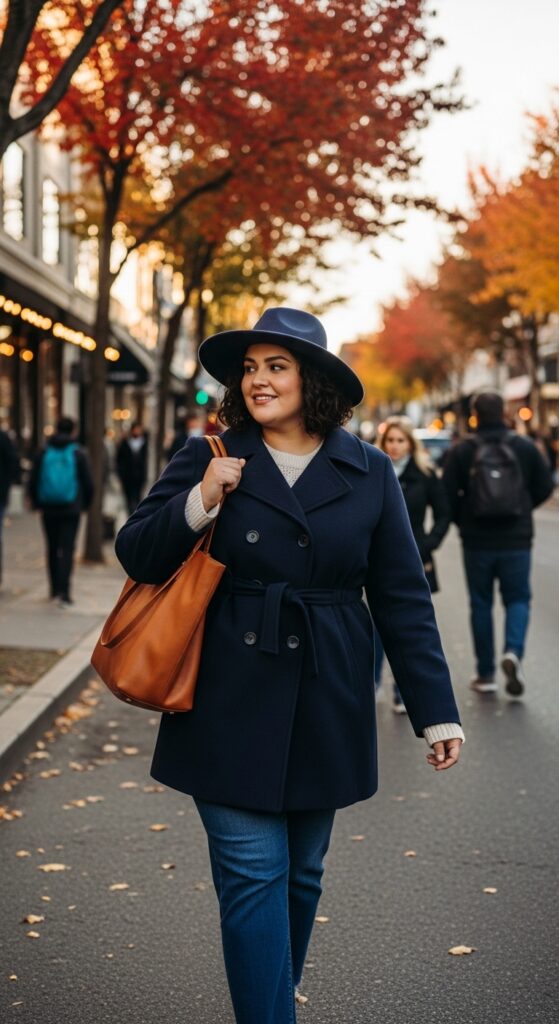 15 Stylish Plus Size Fall Outfits for Curvy Women to Rock This Season 14 Peacoat & Wide-Brim Hat