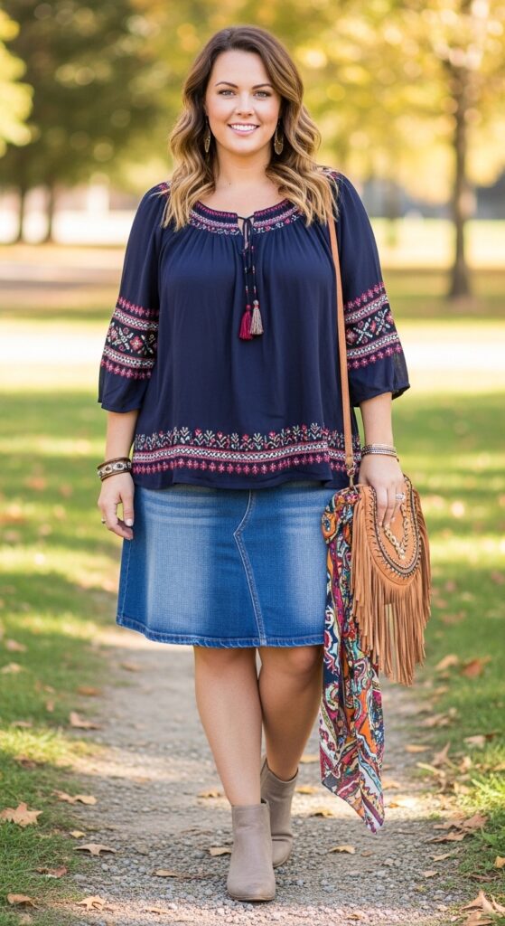 14 Plus Size Fall Boho Outfits That Curvy Women Love 7 Peasant Blouse and Denim Skirt