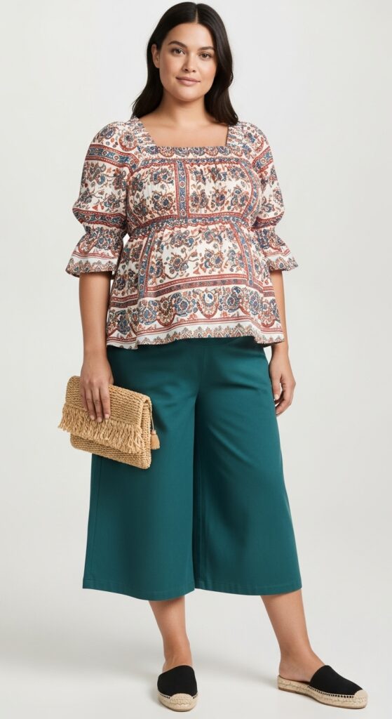 15 Stunning Plus Size Summer Pregnancy Outfits Every Curvy Mom-to-Be Will Love 13 Peasant Blouse with Maternity Culottes