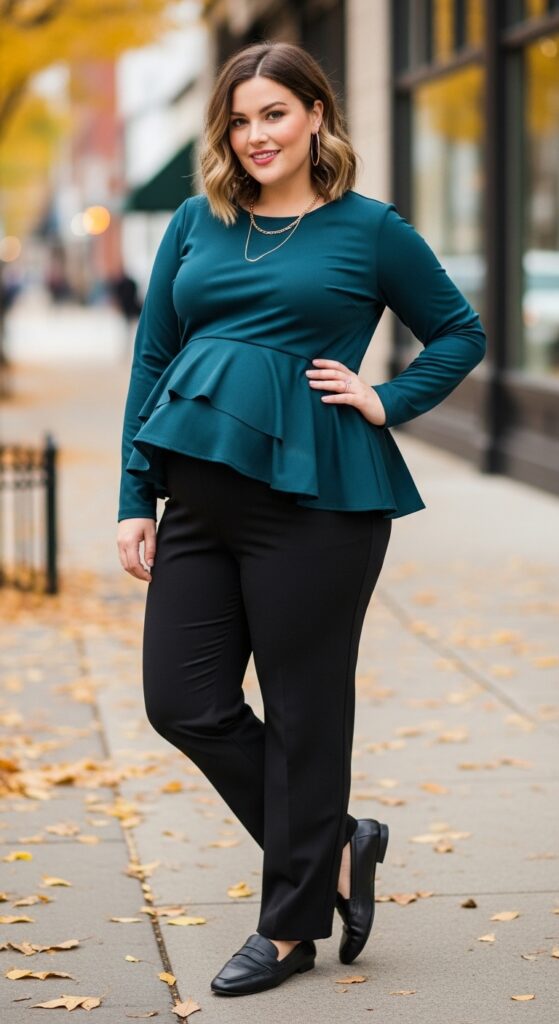 10 Stunning Plus Size Fall Outfits for Curvy Women with Big Stomach 11 Peplum Top and Straight-Leg Pants