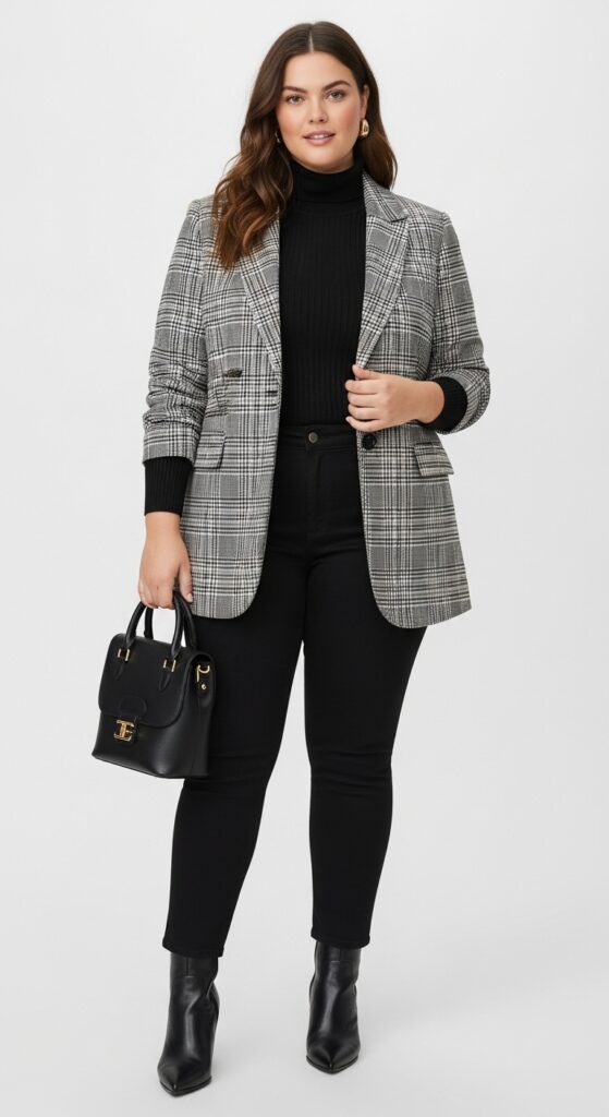 14 Chic and Cozy Plus Size Fall and Winter Outfits Every Curvy Woman Will Love 5 Plaid Blazer and Black Turtleneck