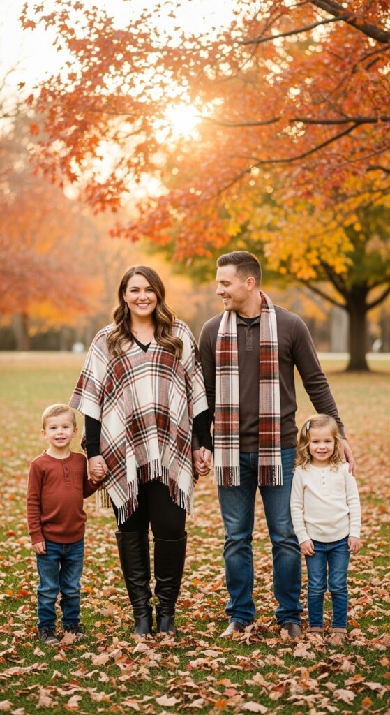 15 Plus Size Fall Family Photo Outfits That Celebrate Every Curve & Create Timeless Memories 4 Plaid Poncho & Leggings