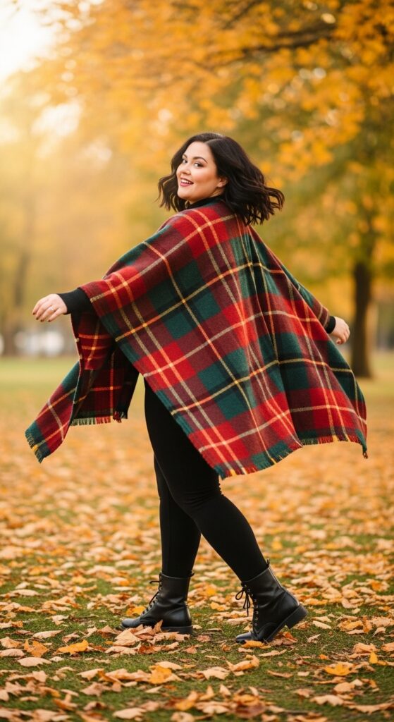12 Plus Size Fall Photo Outfits That Make Your Curves Shine 5 Plaid Poncho & Leggings