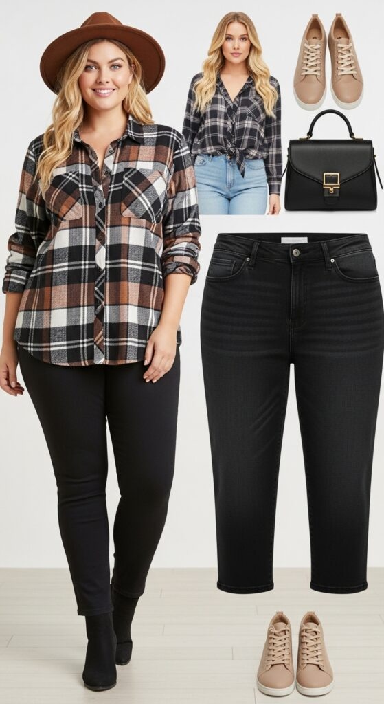15 Stylish Plus Size Fall Outfits for Curvy Women to Rock This Season 7 Plaid Shirt & Black Skinny Jeans