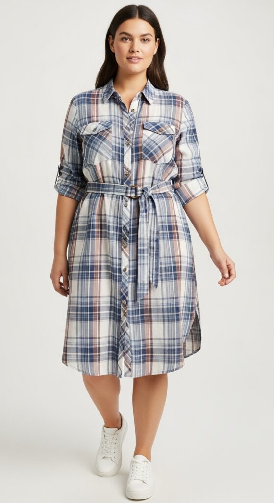 12 Plus Size Comfy Summer Outfits for Curvy Women 14 Plaid Shirt Dress with Sneakers