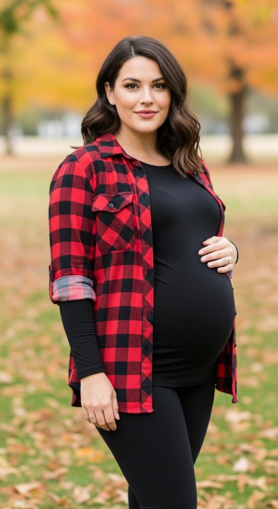 15 Plus Size Fall Maternity Outfits Curvy Women Will Love 10 Plaid Shirt & Leggings
