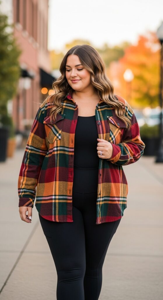 14 Plus Size Fall Nashville Outfits for an Unforgettable Trip 5 Plaid Shirt & Leggings