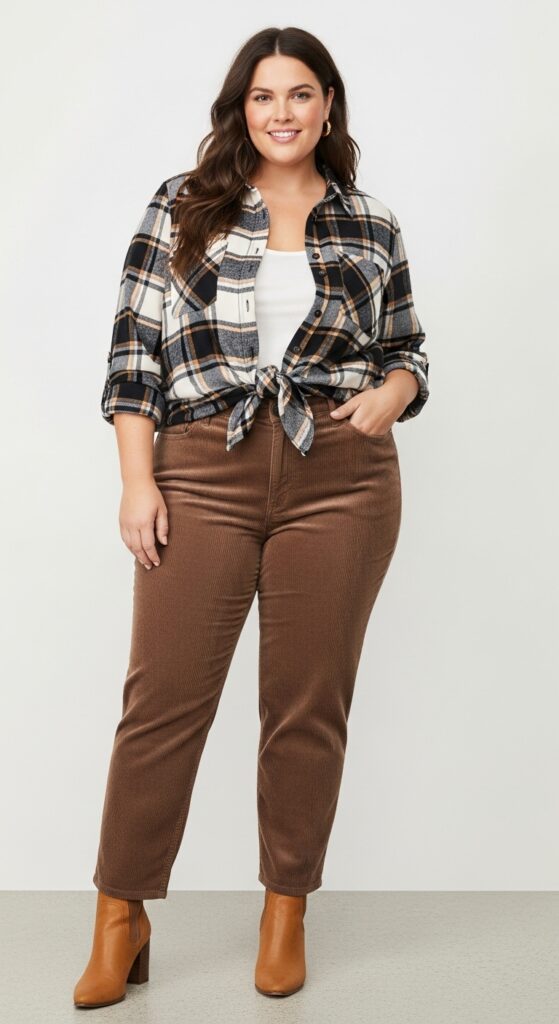 15 Chic and Casual Plus Size Fall Outfits Every Curvy Woman Will Love 8 Plaid Shirt and Corduroy Pants